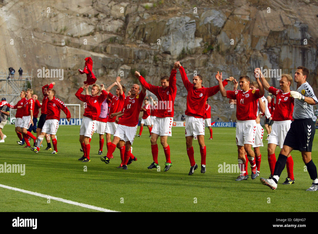 Soccer - UEFA European Championship 2004 - Group C - Bulgaria v Denmark. Denmark team celebrate there victory over Bulgaria. Stock Photo