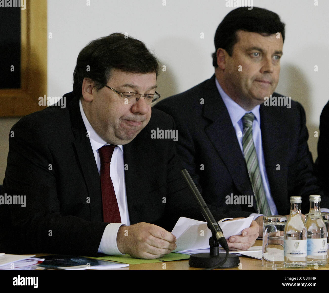 Taoiseach Brain Cowen and Finance Minister Brian Lenihan pictured at a press conference in Government Buildings, Dublin, on the day of the budget. Stock Photo