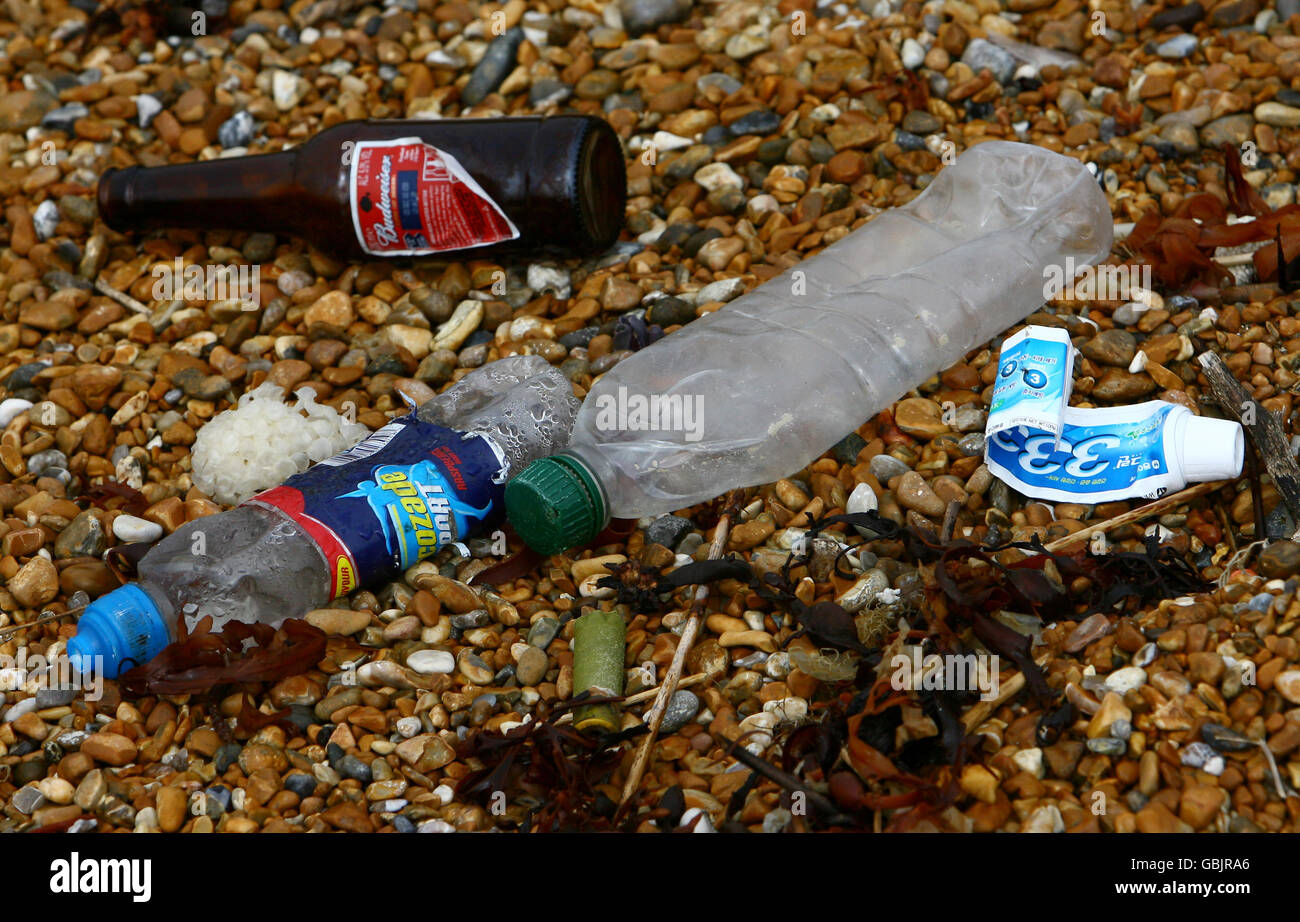 Litter on British beaches Stock Photo