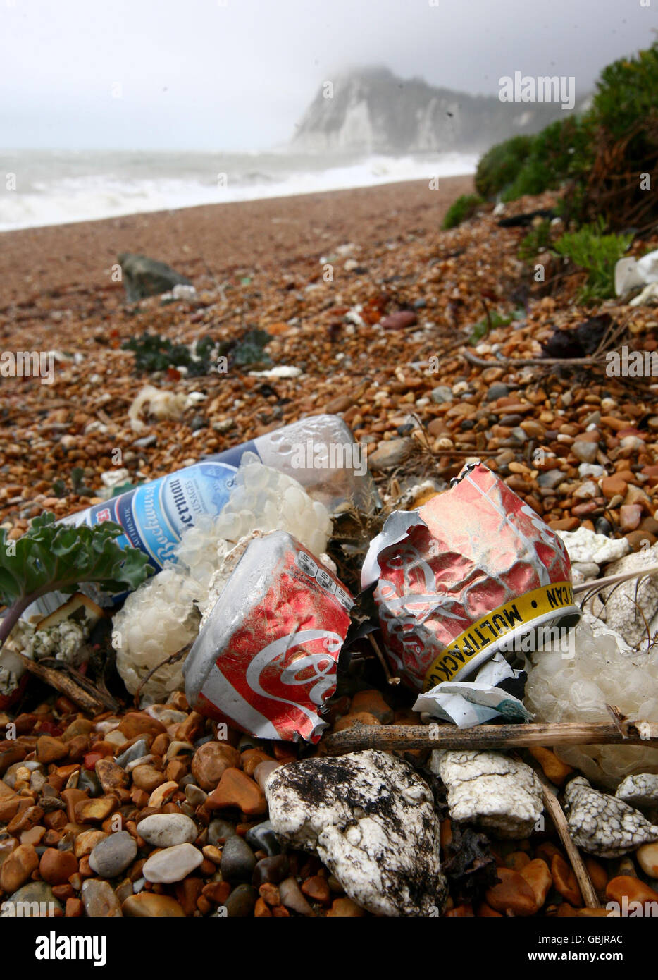 Litter on British beaches Stock Photo