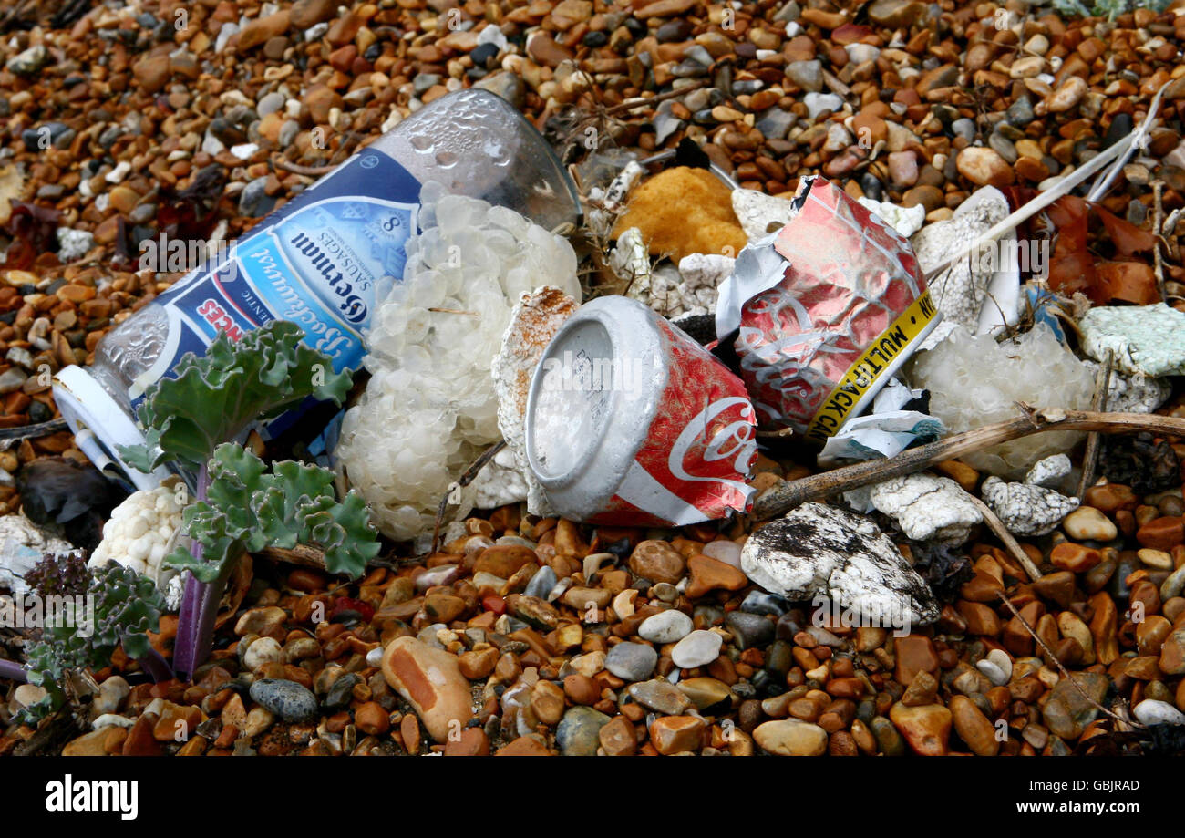 Rubbish left on a beach in Dover, Kent, as the amount of rubbish on the UK's beaches has reached its highest level ever, according to a survey. Stock Photo