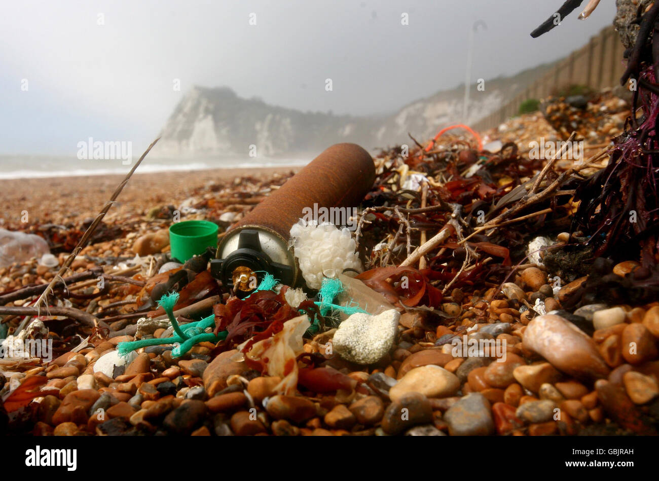 Litter on British beaches Stock Photo