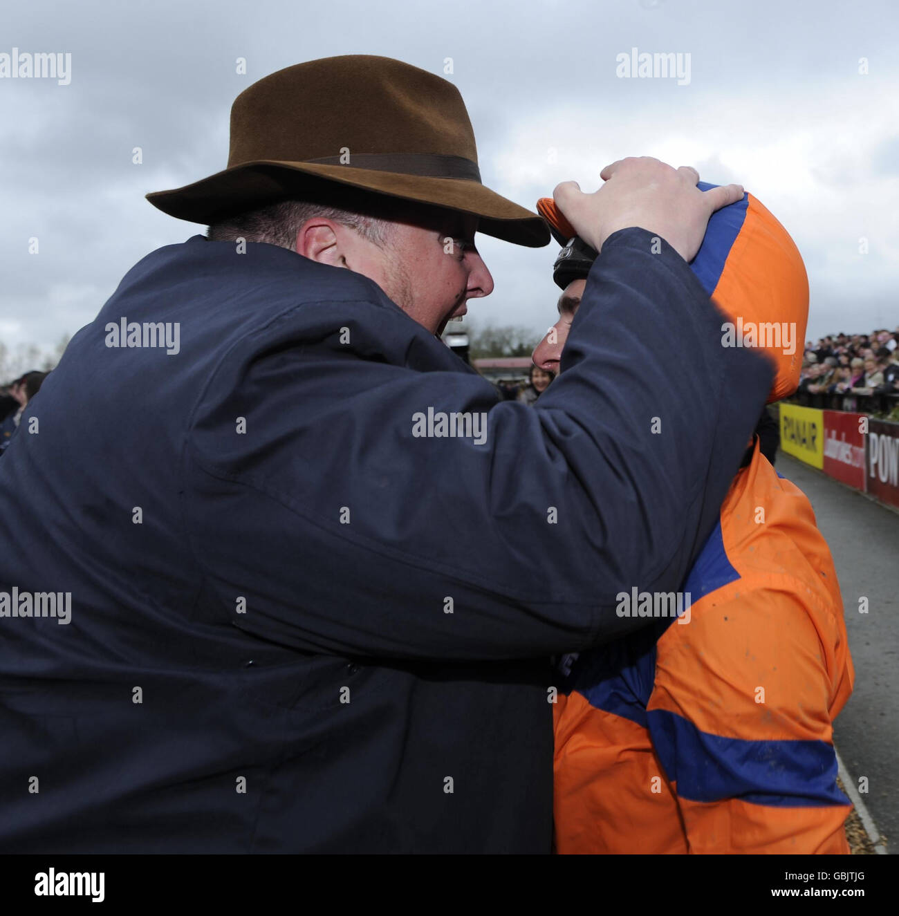 Jockey Harry Skelton celebrates with owner Bob Buckler after his win on Niche Market in the The Powers Whiskey Irish Grand National Steeplechase during the Powers Whiskey Irish Grand National meeting at Fairyhouse Racecourse, County Meath. Stock Photo