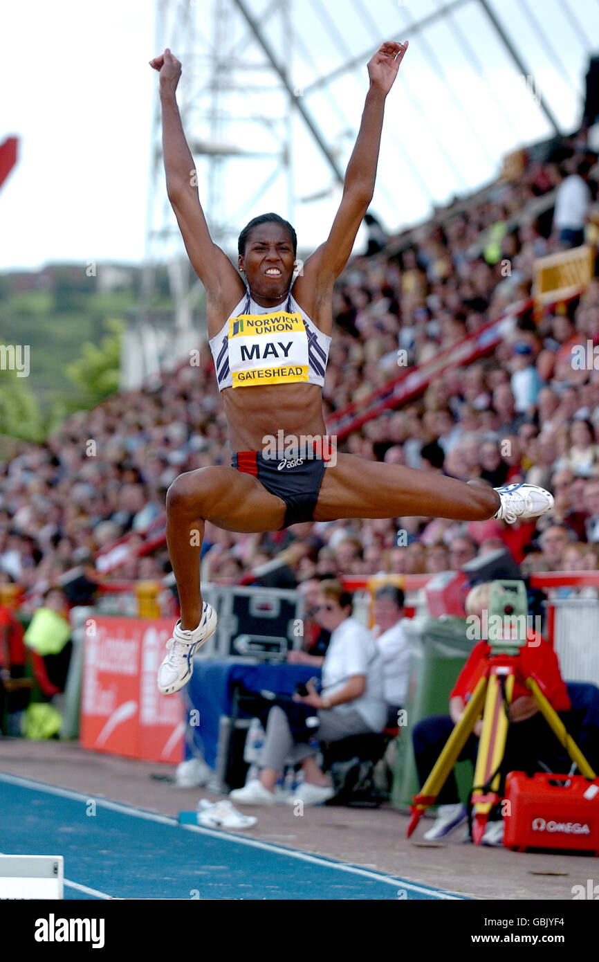 Fiona may in action in the womens long jump hi-res stock