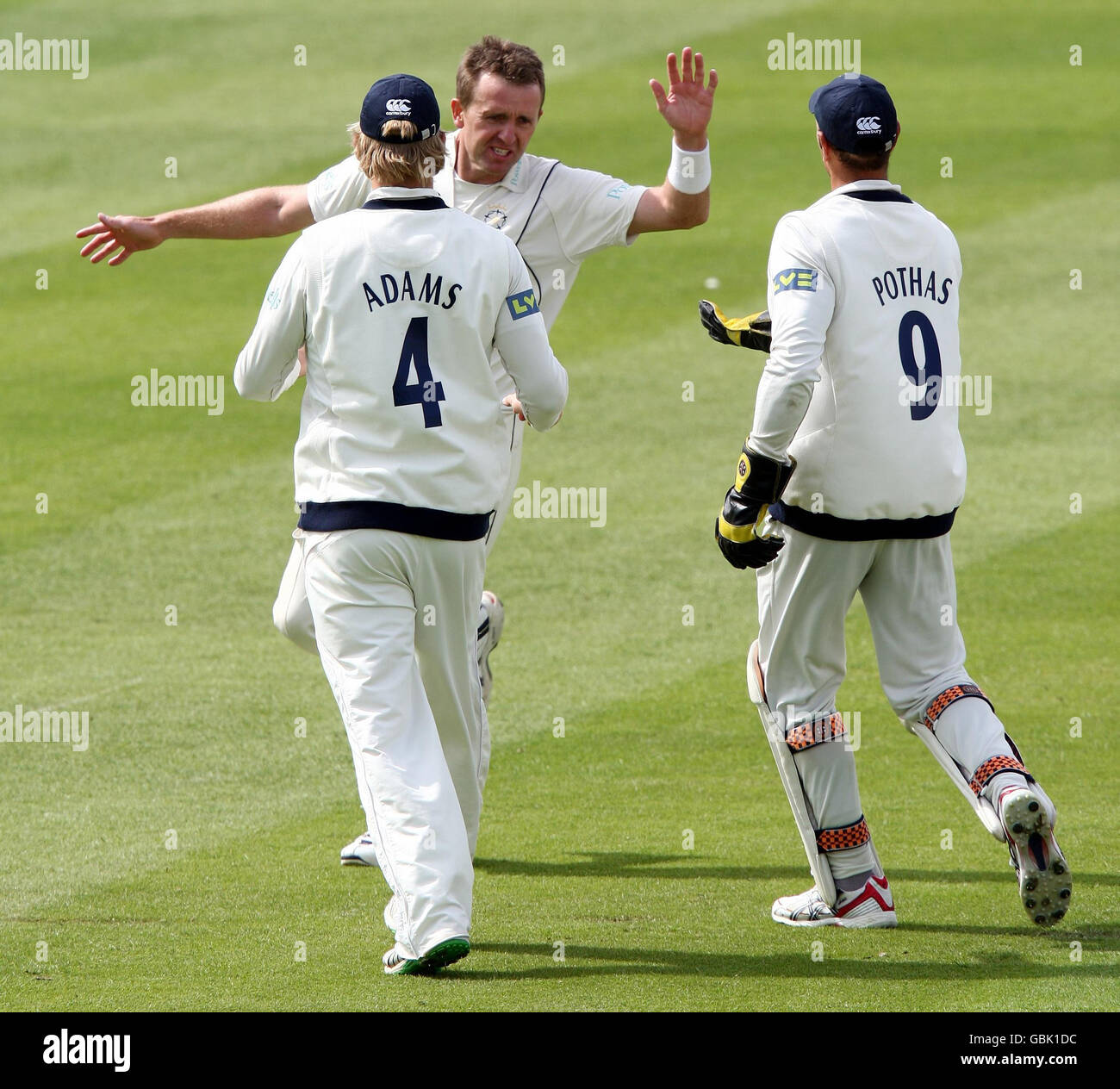 Hampshire's Dominic Cork celebrates taking the wicket of Warwickshire's Darren Maddy for 8 during the Liverpool Victoria County Championship match at Edgbaston, Birmingham. Stock Photo