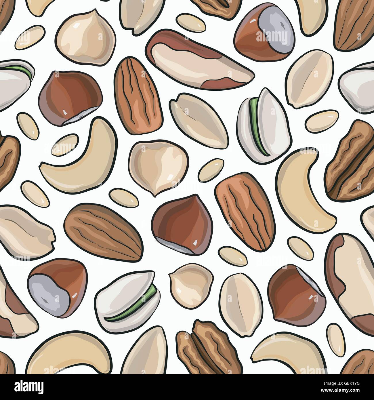 Vector seamless pattern nuts. hazelnut, almonds, peanuts, walnut