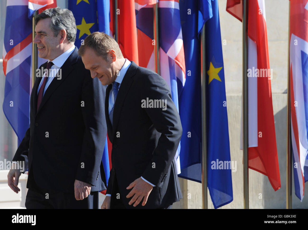 Britain's Prime Minister Gordon Brown meets the Prime Minister of Poland, Donald Tusk (right) in Warsaw today. Stock Photo