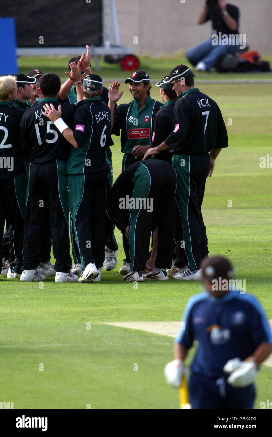 Worcestershire's players celebrate taking the wicket of Surrey's Scott Newman Stock Photo