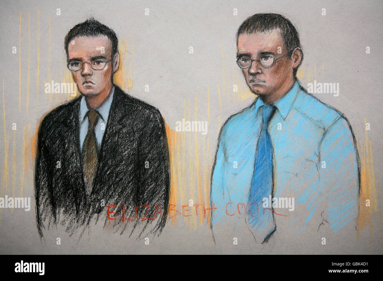 An artist's impression of Dano Sonnex, 23, (left) and Nigel Farmer, 34, during a murder trial at the Old Bailey in London. Both men are accused of murdering French students Laurent Bonomo and Gabriel Ferez at a flat in New Cross, south east London. Stock Photo