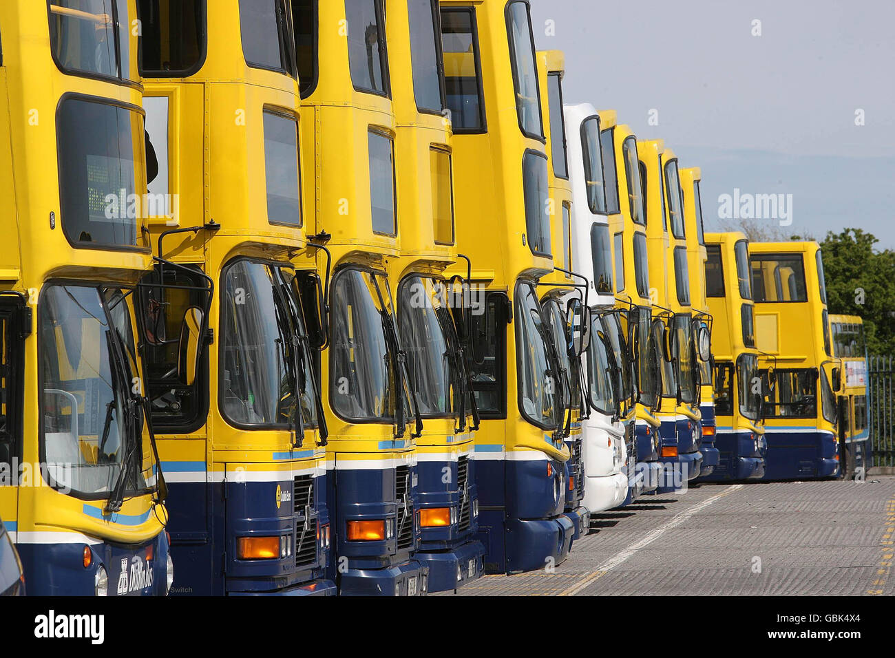 Buses at the Harristown Depot, Dublin after a wildcat bus strike spread across the capital today amid claims that drivers have intimidated others attempting to work. Stock Photo