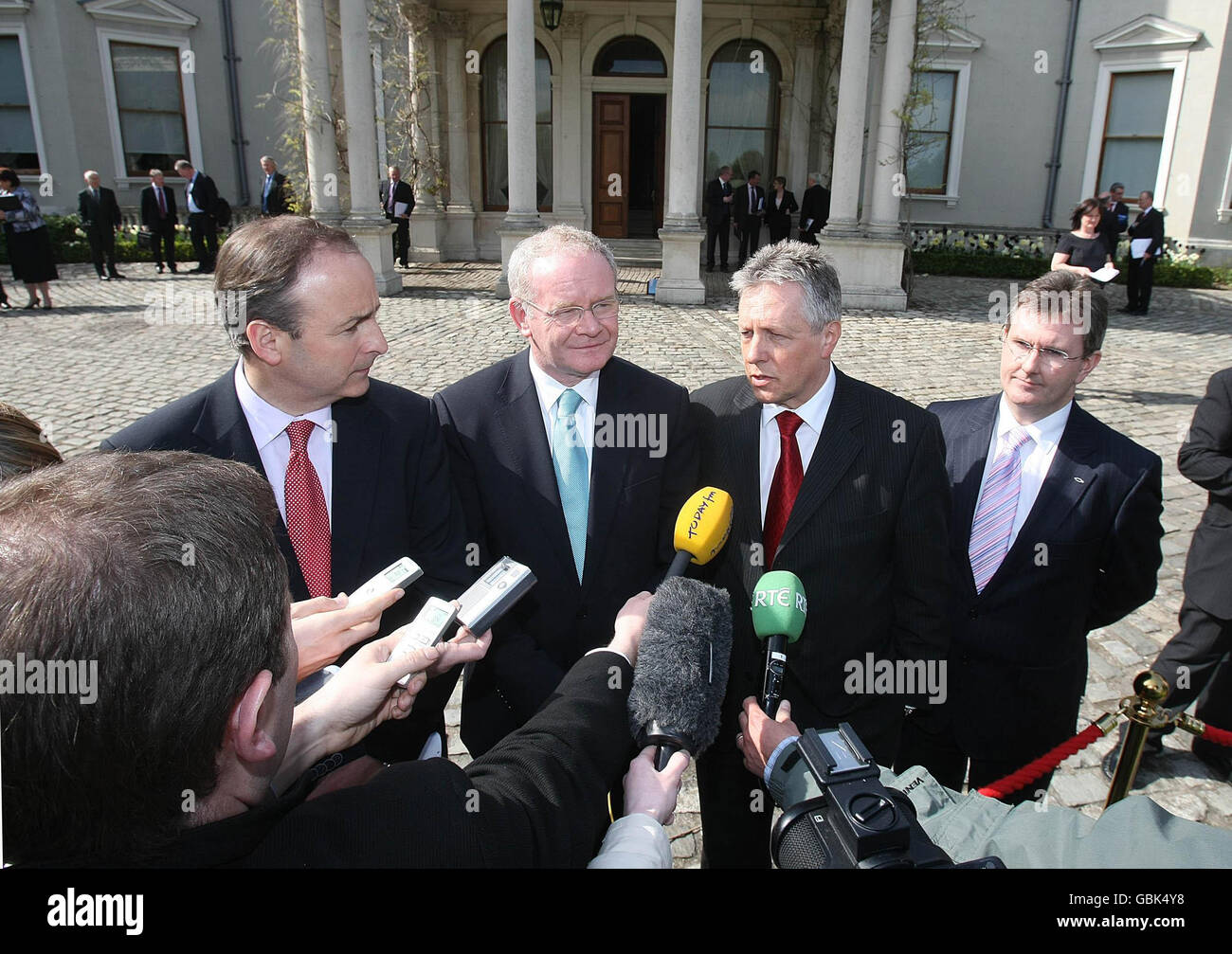 Minister for Foreign Affairs Michael Martin (left), Northern Ireland First Minister Peter Robinson (second right), Deputy First Minister Martin McGuiness (second left) and Jeffrey Donaldson outside Farmleigh House, where they will host a meeting of the North-South Council. Stock Photo