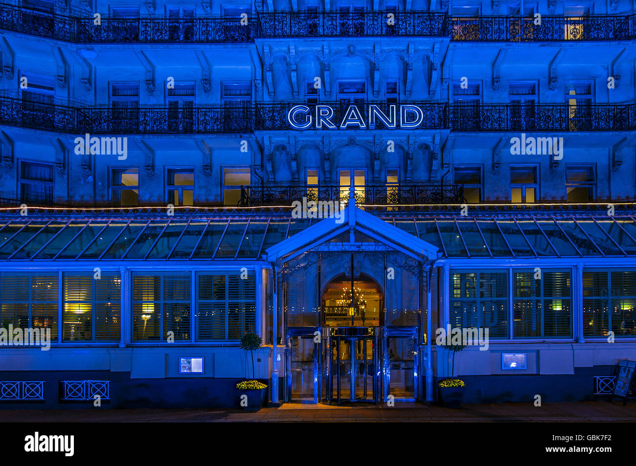 The Grand Hotel at Night Brighton Seafront Brighton Sussex England Stock Photo