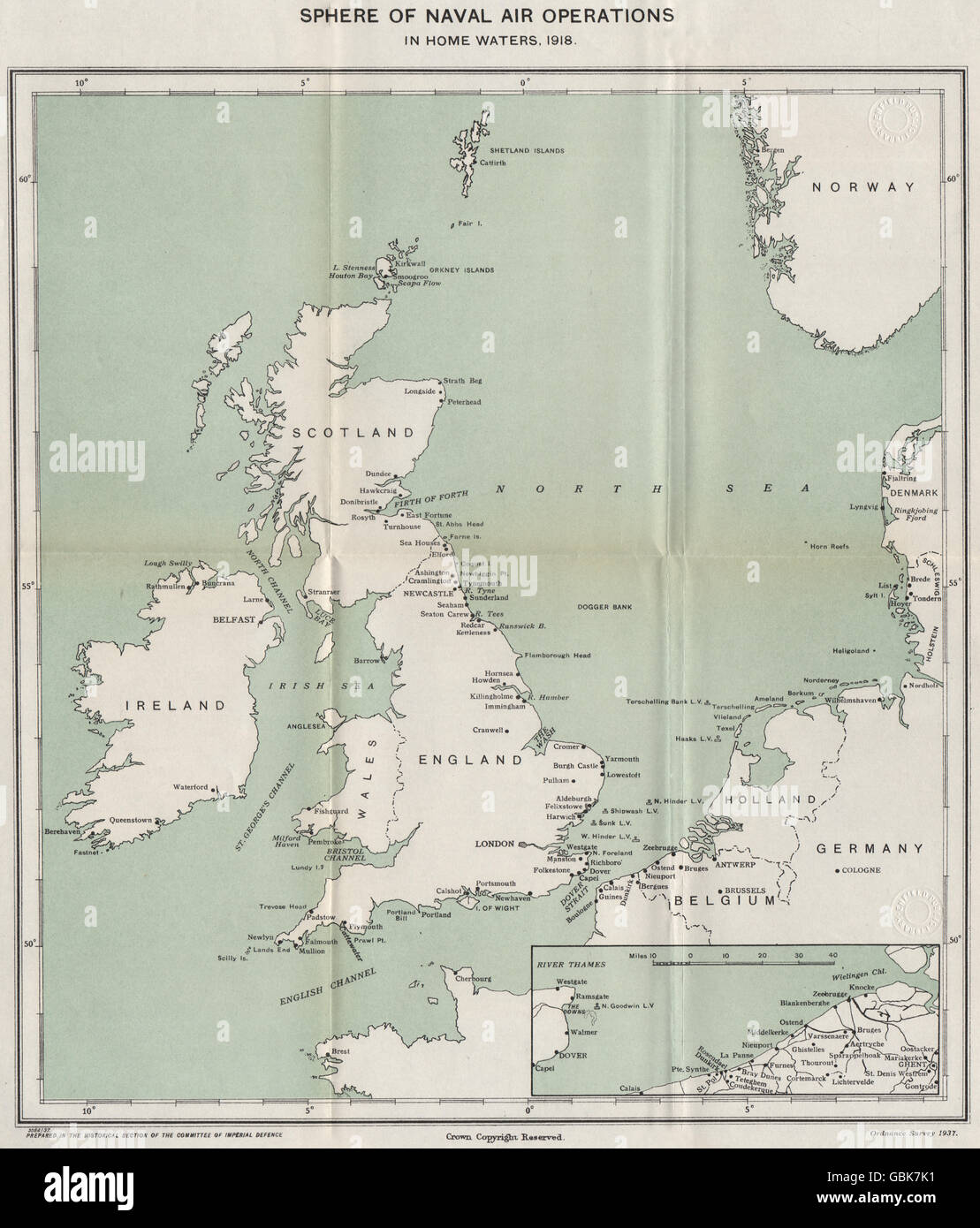 FIRST WORLD WAR: Sphere of Naval Air operations in home waters, 1918, 1937 map Stock Photo