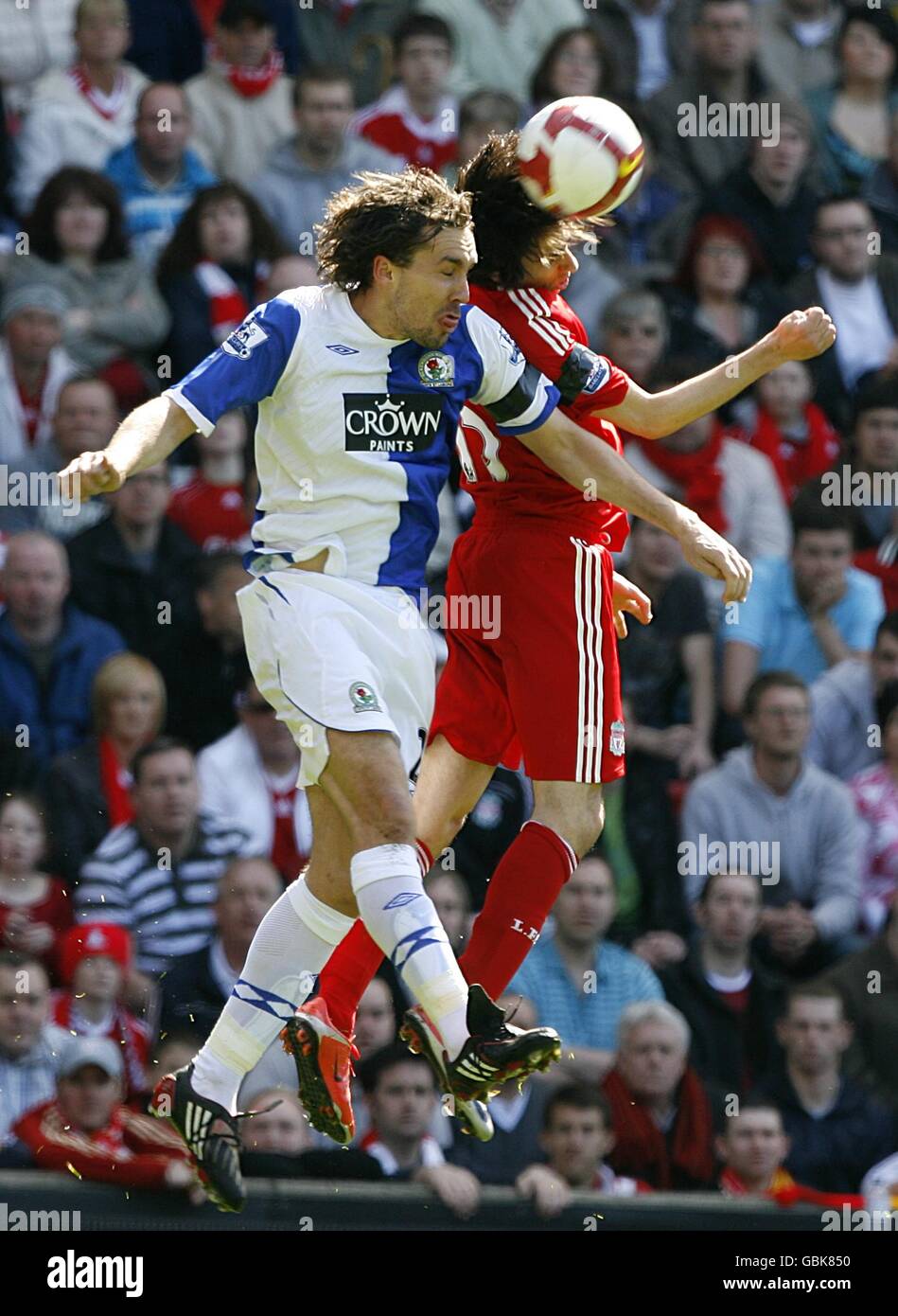 Soccer - Barclays Premier League - Liverpool v Blackburn Rovers - Anfield. Blackburn Rovers' Gael Givet (left) and Liverpool's Yossi Benayoun battle for the ball. Stock Photo