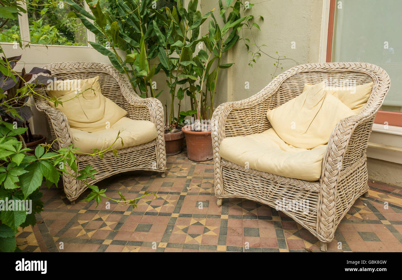 Large Whicker Conservatory Armchairs Downe House Orpington Kent Stock Photo