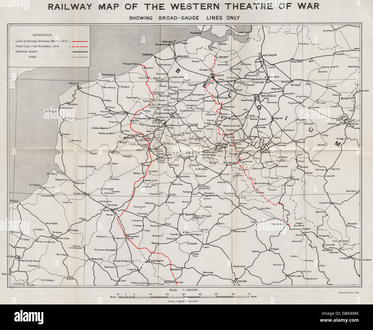 WW1 WESTERN FRONT: Railway map. Battles lines 1918, 1937 Stock Photo