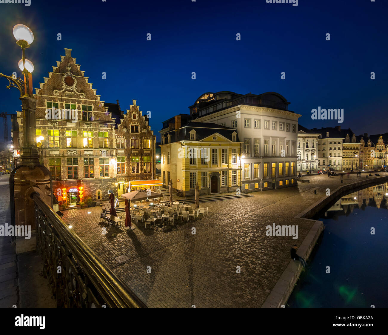Guild houses in the old city at night, Ghent, Flanders, Belgium Stock