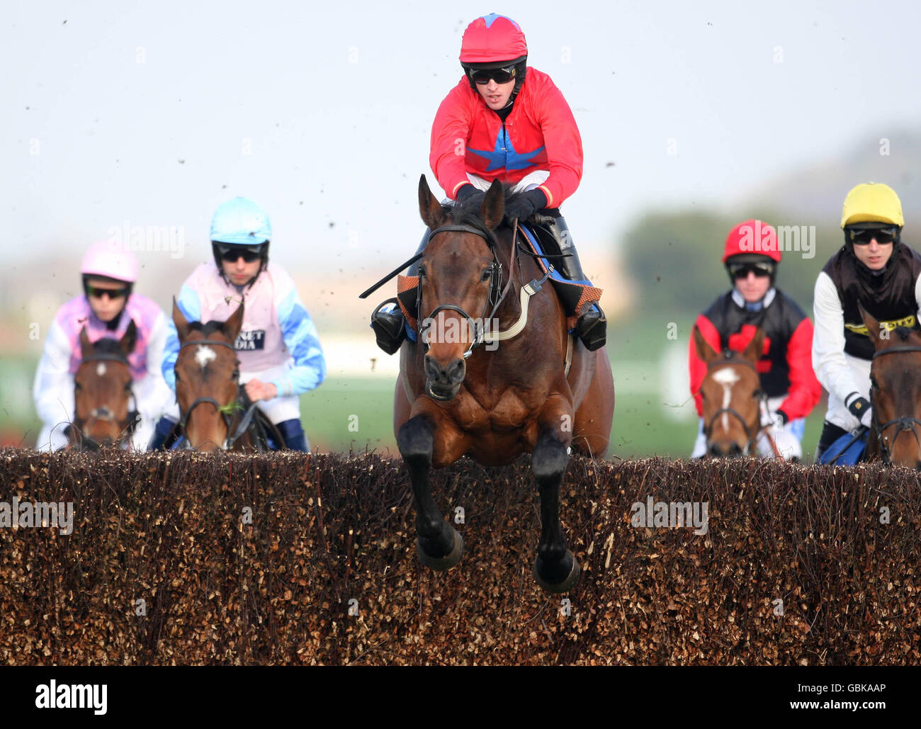 Theboyfrombulawayo ridden by Jason Maguire (centre) in the Opin Systems Claiming Chase during Day One of the Coral Scottish Grand National Festival at Ayr Racecourse, Ayr. Stock Photo