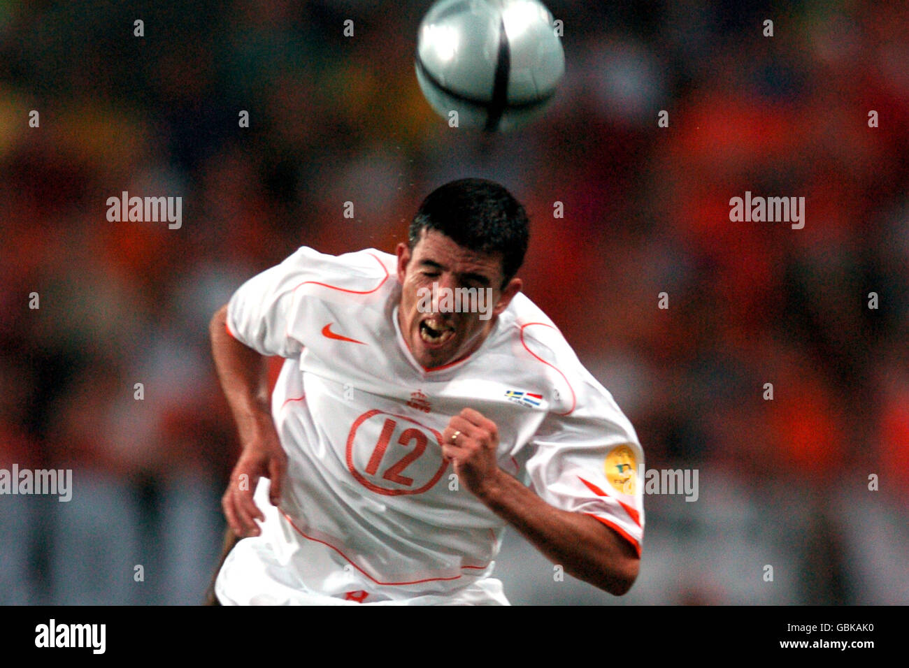 Soccer - UEFA European Championship 2004 - Quarter Finals - Sweden v Holland. Holland's Roy Makaay heads the ball Stock Photo