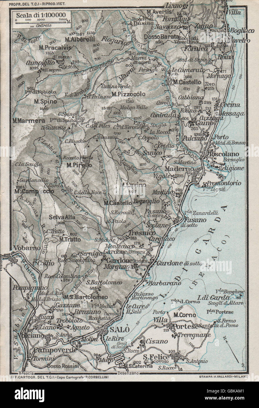 LAKE LAGO DI GARDA. Vintage map plan. Salo. Italy, 1924 Stock Photo