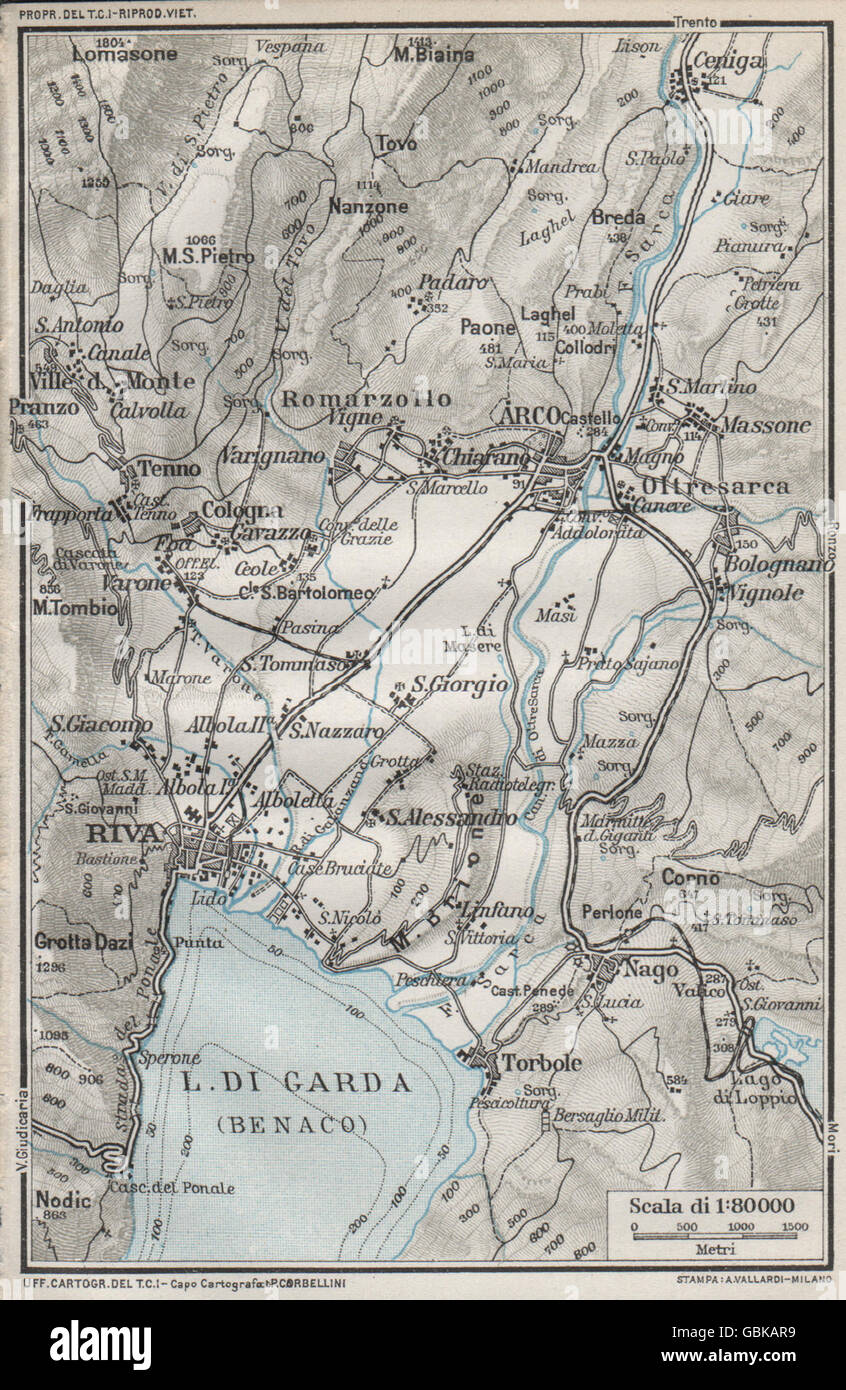 LAKE LAGO DI GARDA (BENACO) . Riva Arco &c. Vintage map plan. Italy, 1924 Stock Photo