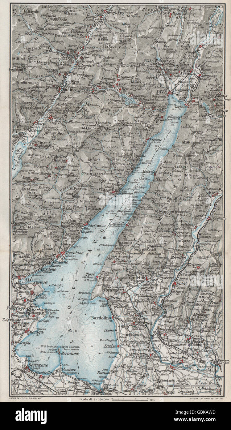 LAKE LAGO DI GARDA. Vintage map plan. Salo Riva. Italy, 1924 Stock Photo