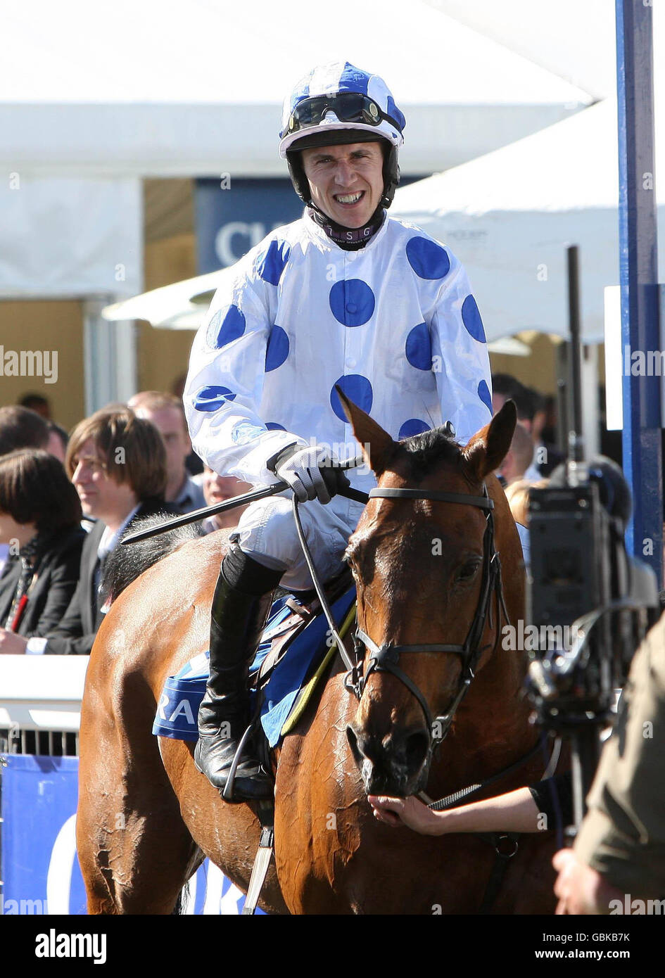 Paddy Brennan celebrates winning the Coral Scottish Grand National on Hello Bud during Day Two of the Coral Scottish Grand National Festival at Ayr Racecourse, Ayr. Stock Photo