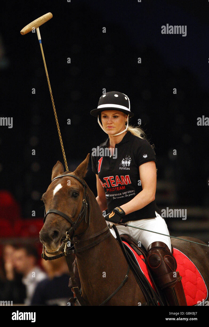 Amy Guy takes part in the Celebrity Polo match during the British Open Show Jumping Championships at the LG Arena, Birmingham. Stock Photo