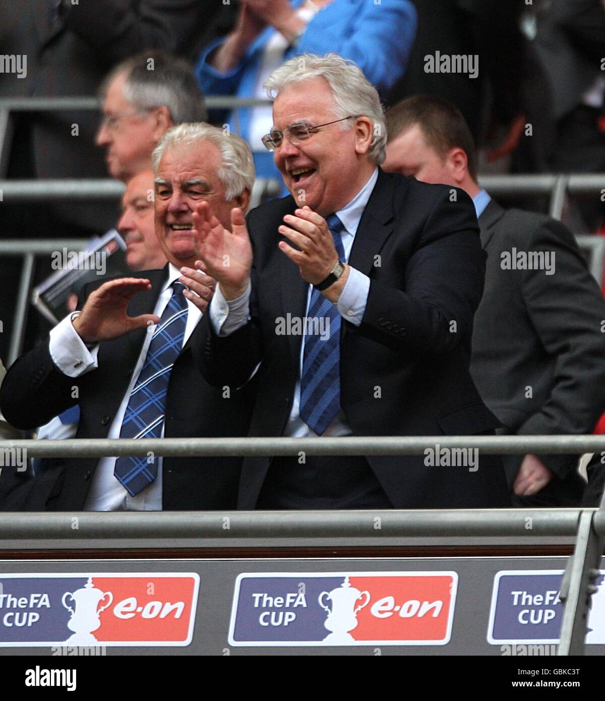 Soccer - FA Cup - Semi Final - Manchester United v Everton - Wembley Stadium. Everton chairman Bill Kenwright celebrates victory in the stands Stock Photo
