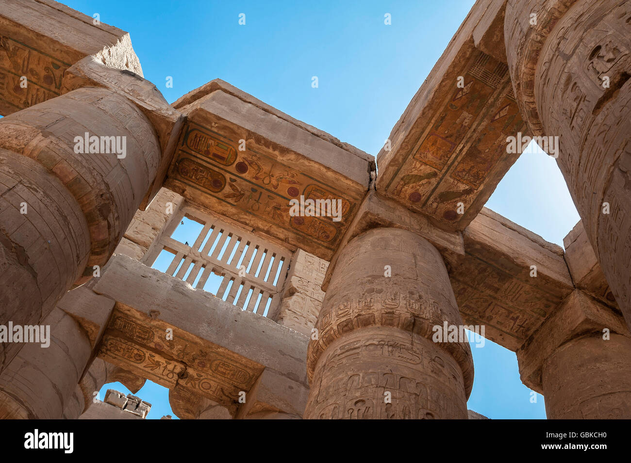 Portico with original color painting, Karnak Temple, Karnak, Luxor, Egypt Stock Photo