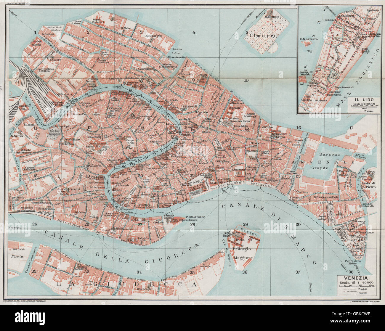VENEZIA. Vintage town city map plan. Inset Lido. Venice, 1924 Stock Photo
