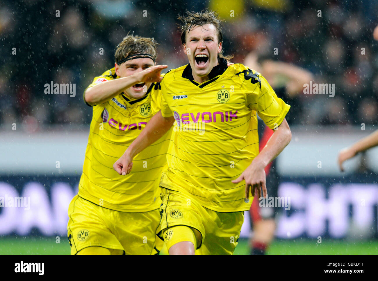 Kevin Grosskreutz celebrating his goal to 0:1 with Marcel Schmelzer, Bayer Leverkusen - Borussia Dortmund 1:3 Stock Photo
