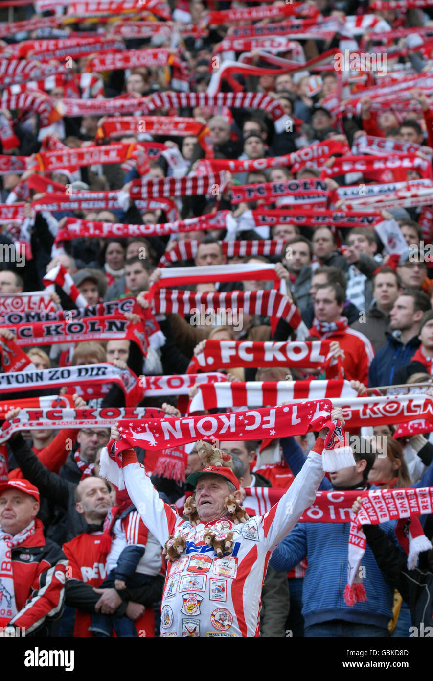 Cologne fans holding up their scarves, Bundesliga federal league, 1. FC Koeln - FSV Mainz 05 4:2, Rhein-Energie-Stadion, Cologne Stock Photo