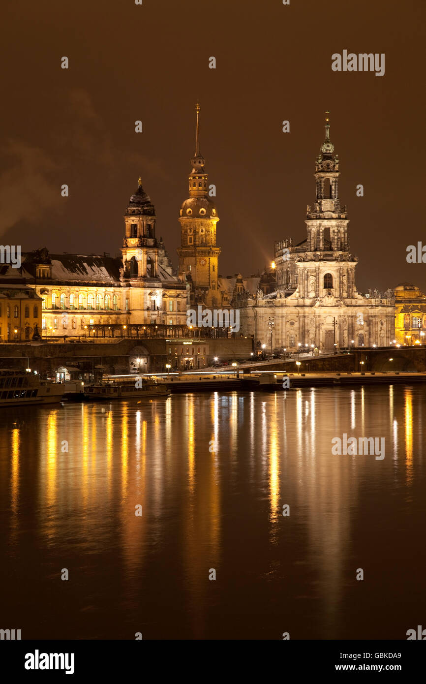Bank of the Elbe River, Terrassenufer banks, Dresden Castle, Neues Staendehaus building, the building of the Higher Regional Stock Photo