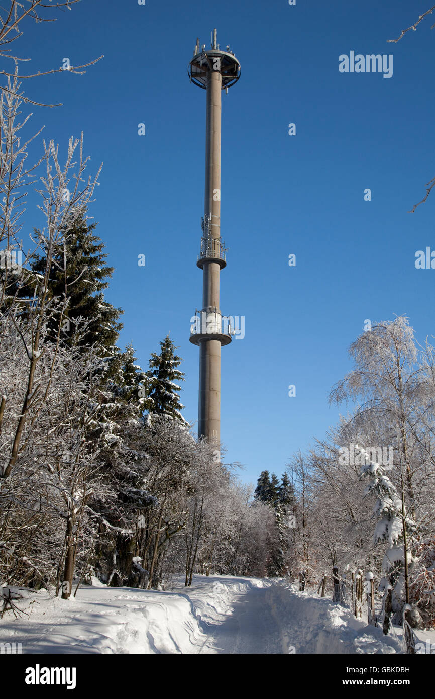 Telecommunications tower on Kreuzberg Mountain, Winterberg, Sauerland, North Rhine-Westphalia Stock Photo