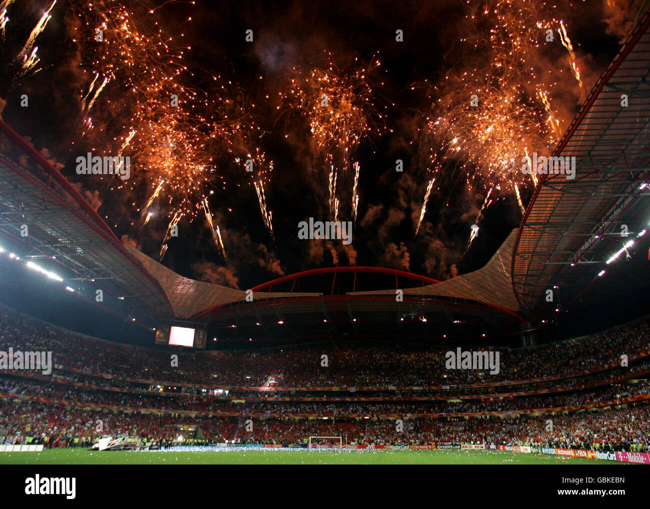 Fireworks in the Estadio De Luz signal the end of Euro 2004 Stock Photo