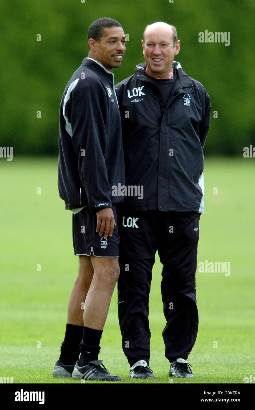 Nottingham Forest's coaches Des Walker (l) and Liam O'Kane Stock Photo