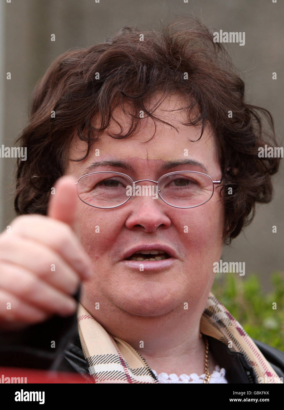Britains Got Talent star Susan Boyle outside her home today with a new haircut in Blackburn, West Lothian Stock Photo