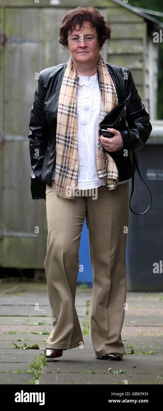 Britains Got Talent star Susan Boyle outside her home today with a new haircut in Blackburn, West Lothian Stock Photo