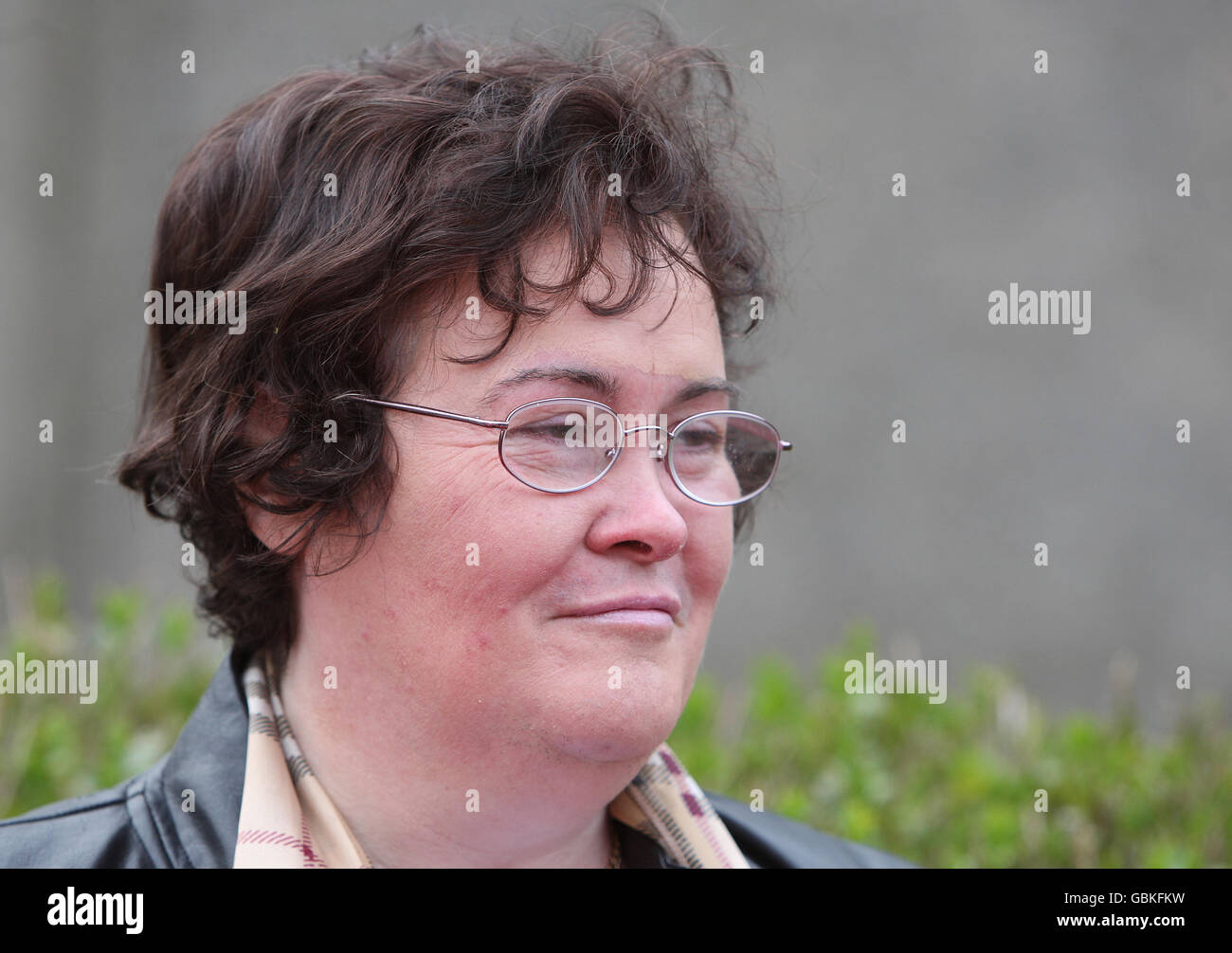 Britains Got Talent star Susan Boyle outside her home today with a new haircut in Blackburn, West Lothian Stock Photo