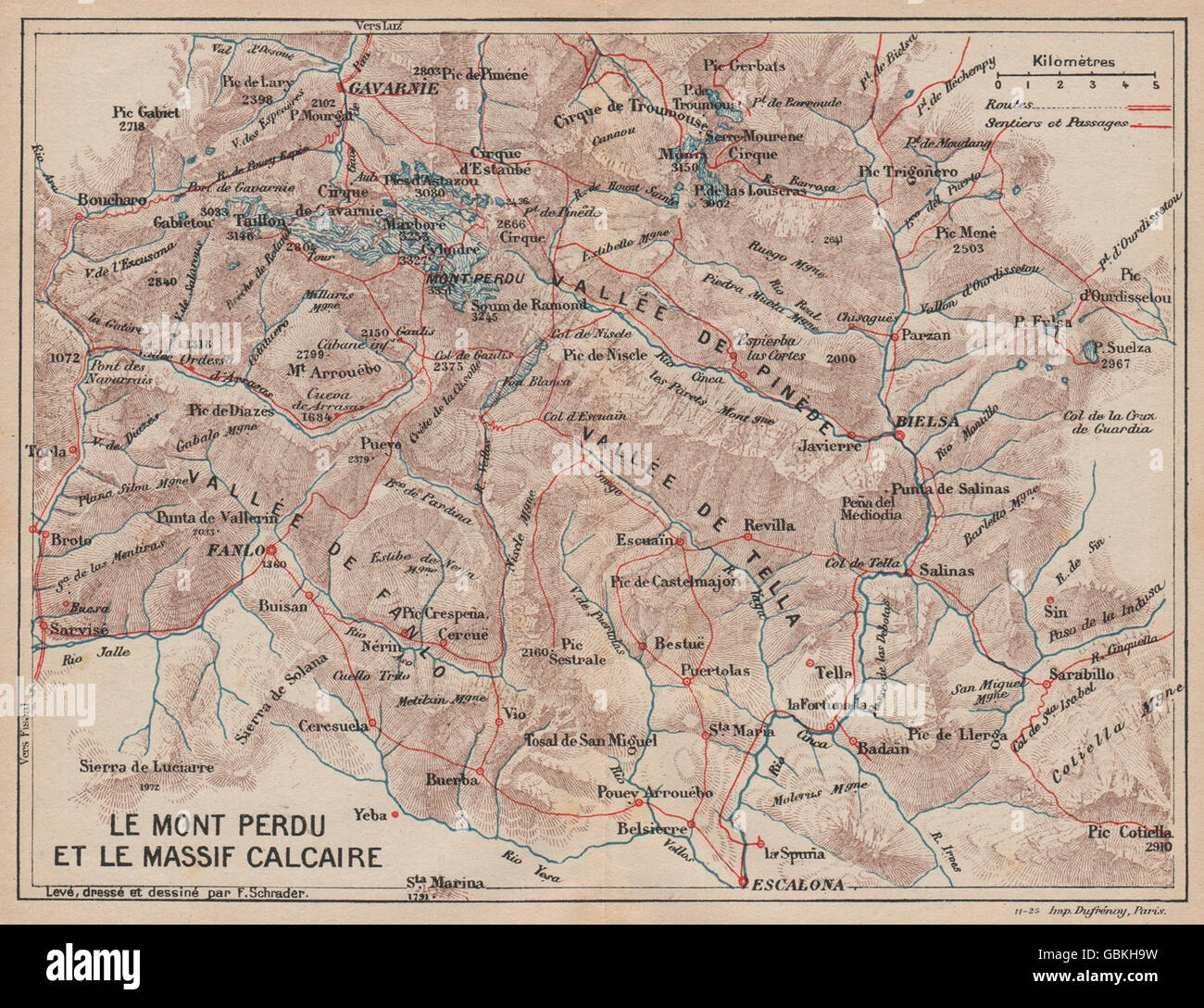 ORDESA MONTE PERDIDO. Mont Perdu Gavarnie Bielsa. Topo-guide. Pyrénées, 1921 map Stock Photo