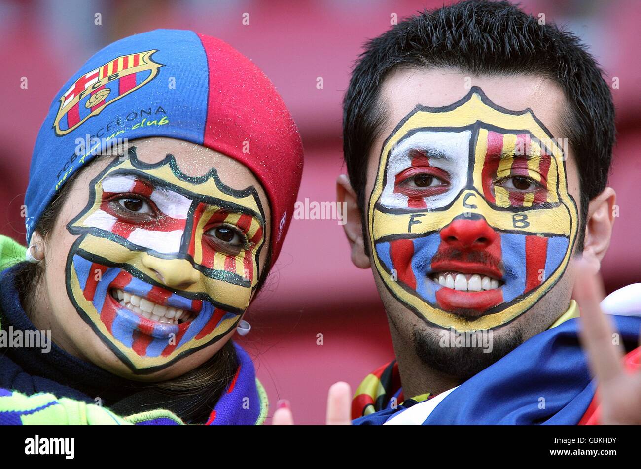 Barcelona fans show their support, in the stands prior to kick off