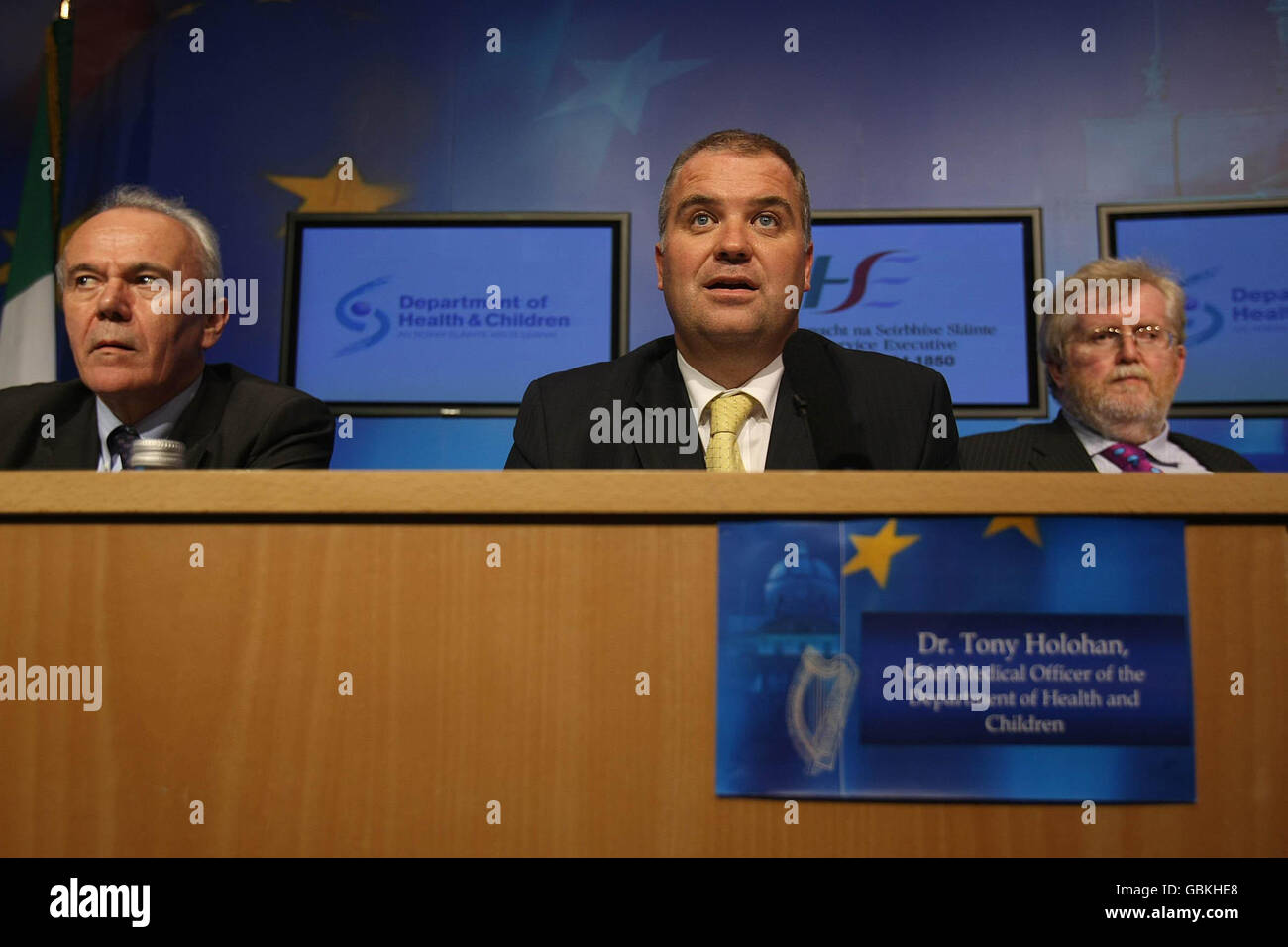 Dr Tony Holohan from the Department of Health (centre) Professor Bill Hall (left) and Dr.Kevin Kelleher from the Health Service Executive at the press conference in Government Press Centre, Dublin after it emerged that four people in the Irish Republic tested for the deadly swine flu virus have been given the all-clear. Stock Photo