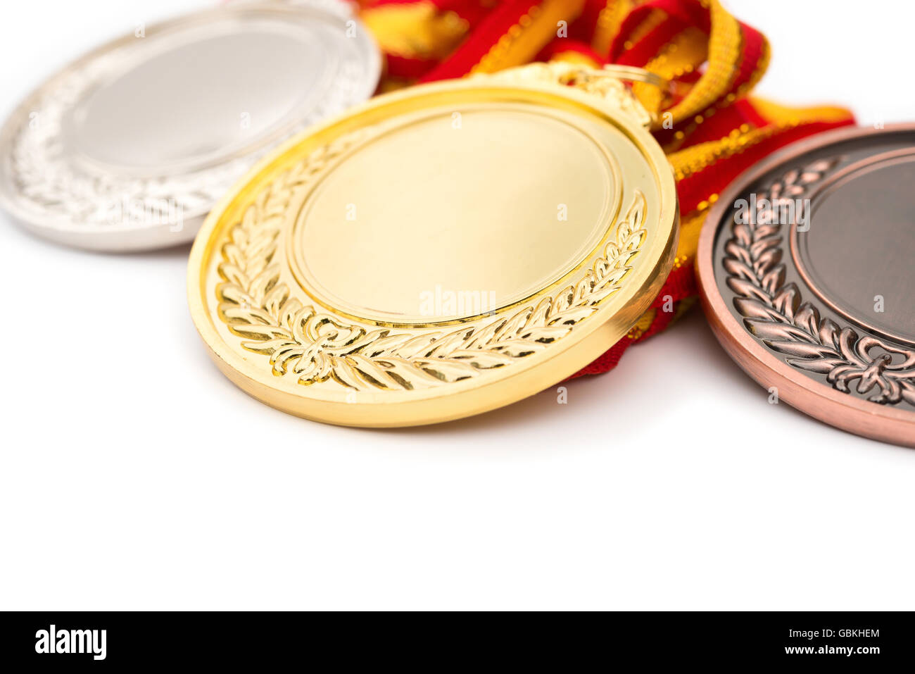 set of gold silver and bronze award medals on white background Stock Photo