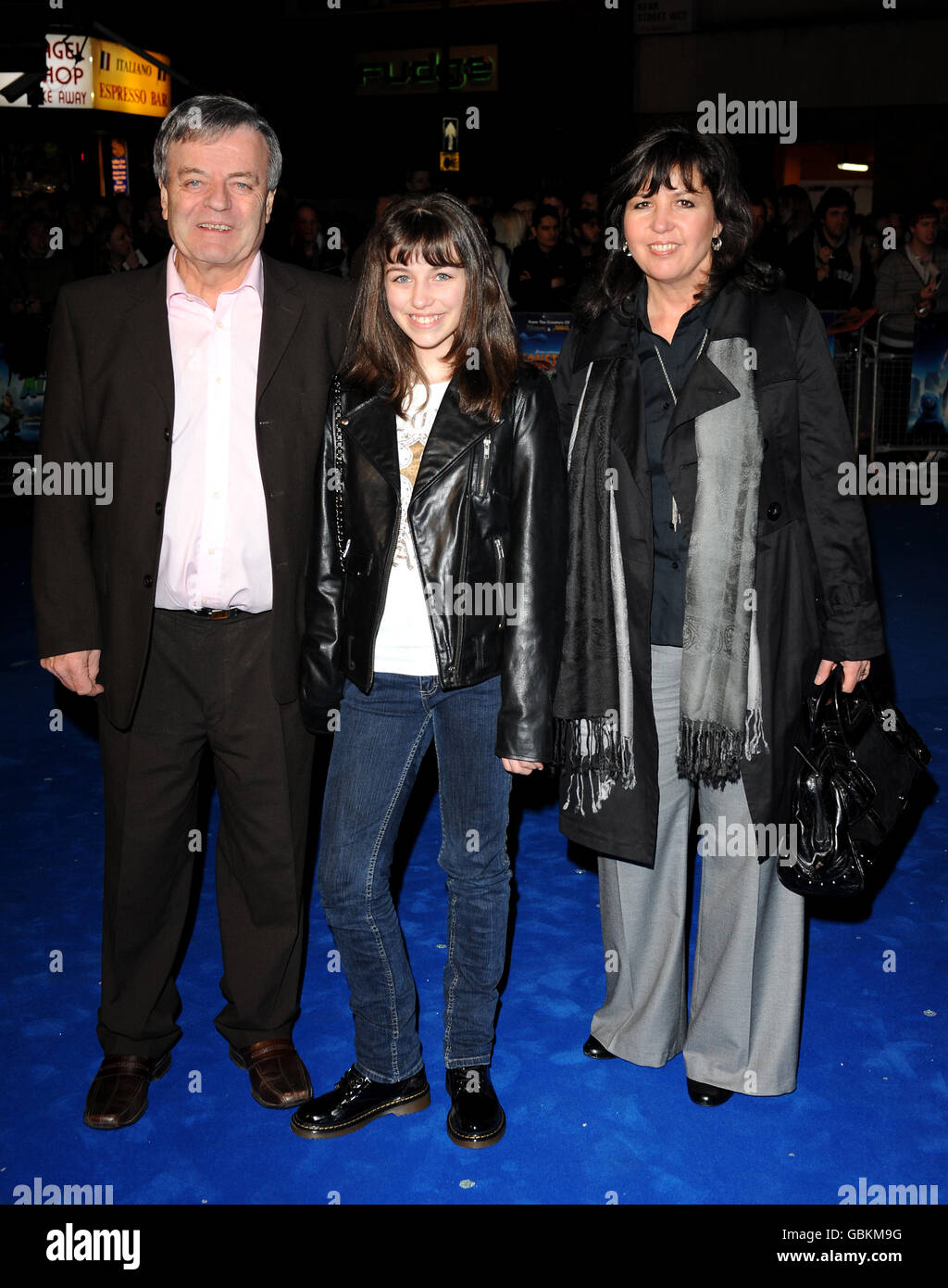 Tony Blackburn (left), wife Debbie (right) and daughter Victoria arriving for the premiere of Monsters Vs Aliens at the Vue West End, Leicester Square, London. Stock Photo