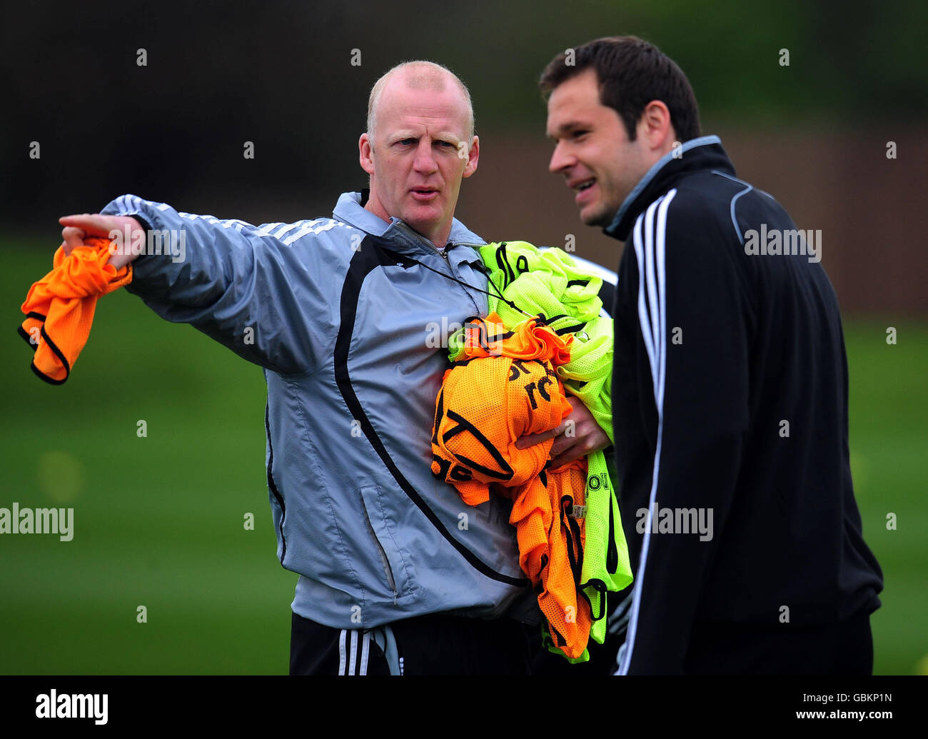 Newcastle United coach Iain Dowie (left) with Mark Viduka (right) during a training session at