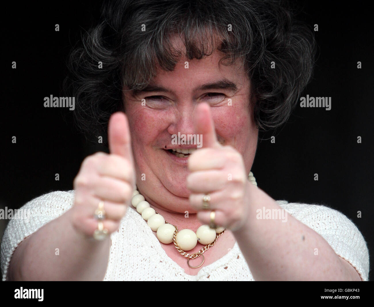 Britains Got Talent star Susan Boyle at her front door in Blackburn,West Lothian Stock Photo