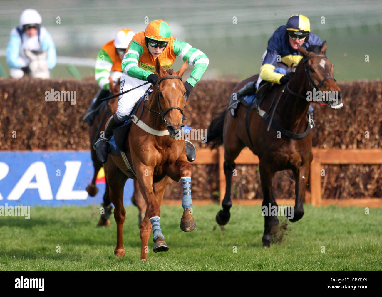 Tell Henry (front) ridden by James Reveley recovers to go on to win the Hillhouse Quarry Handicap Chase during Day One of the Coral Scottish Grand National Festival at Ayr Racecourse, Ayr. Stock Photo