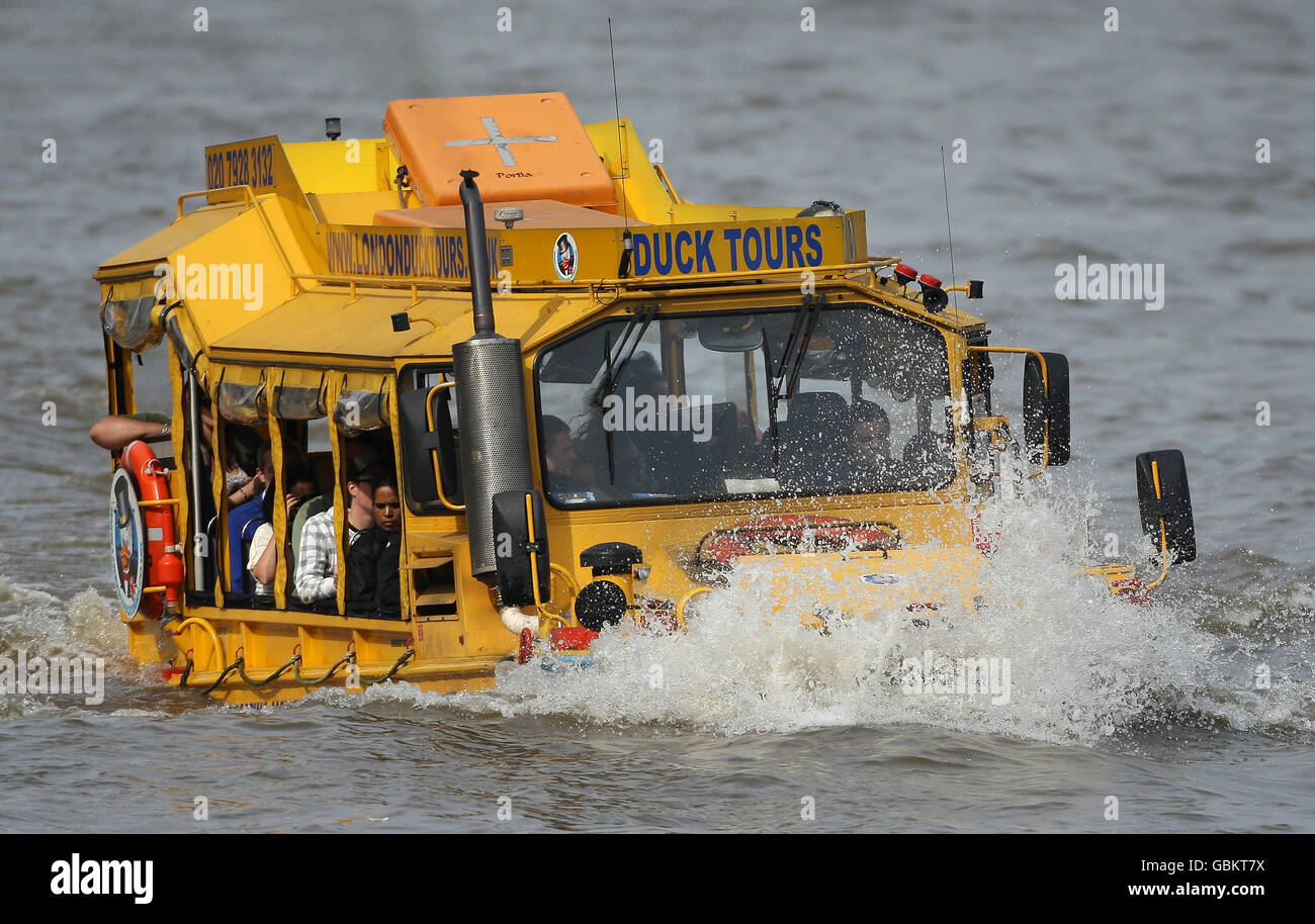 A sightseeing boat, operated by Duck Tours on the River Thames Stock Photo