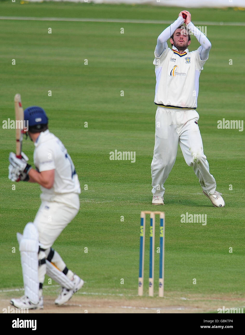 Yorkshire's Joe Sayers is caught by Durham's Liam Plunkett (right) during the Liverpool Victoria County Championship match at Chester le Street, Durham. Stock Photo